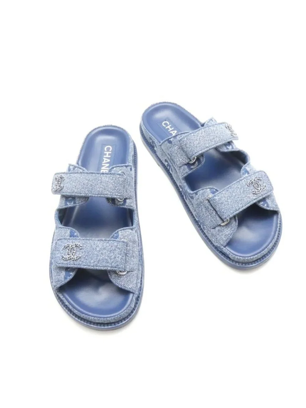Chanel Velcro Sandals 38C Denim CC Logo Hooded